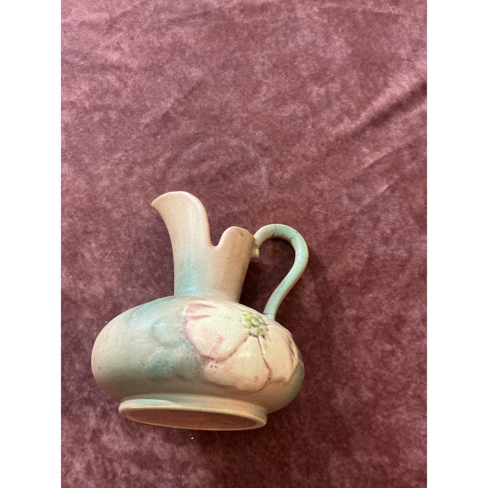 Weller Pottery Wild Rose Pitcher Ewer Green Tan Floral Art Deco Repaired
